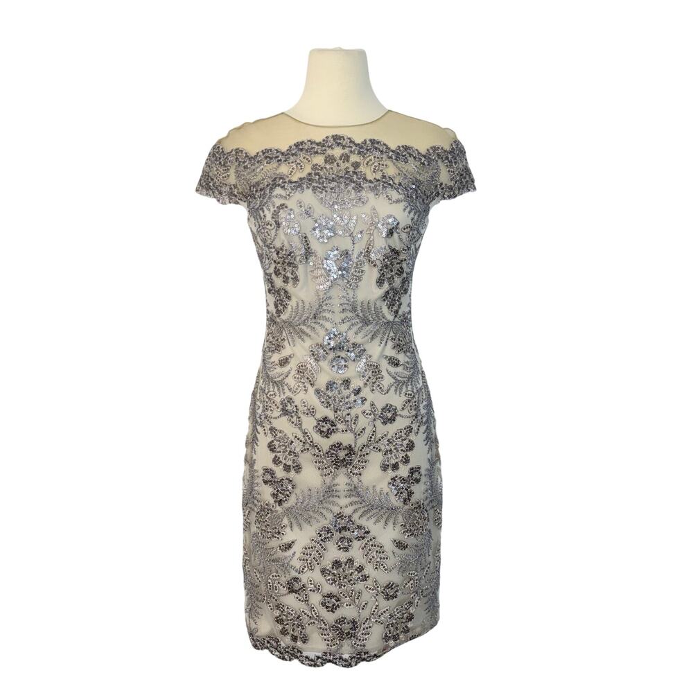 Tadashi Shoji Sequin Embroidered Lace Sheath Dress Cap Sleeve Cream/Silver 8